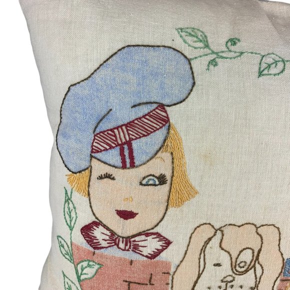 Vtg Hand Embroidered Pillow Children Dog Eating Watermelon Summer Whimsical 14" - Picture 4 of 12